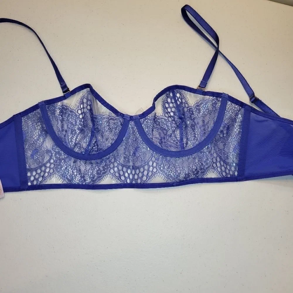 SAVAGE X Royal Blue Bra with Vinyl Cups Lace Bralet Corset Top Women's Small
